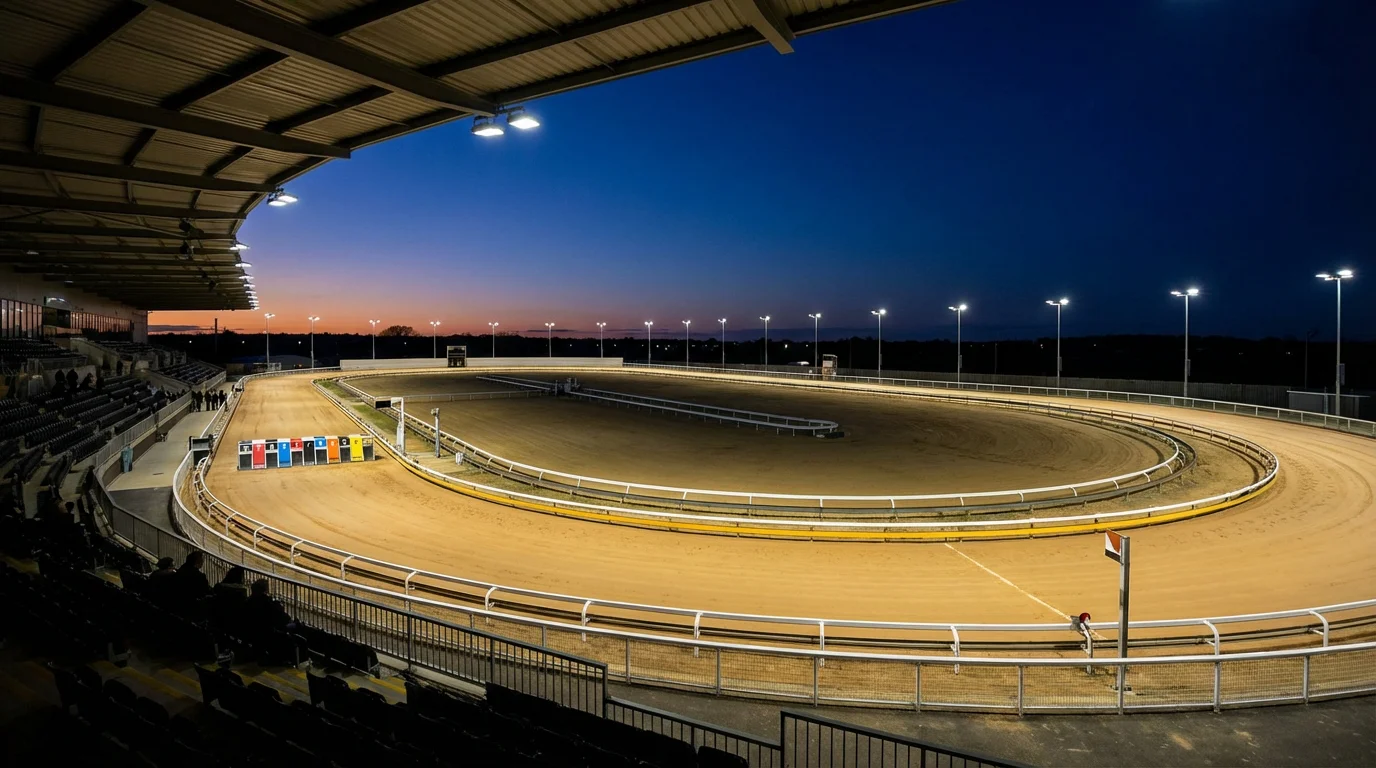 Wide view of a GBGB licensed greyhound racing stadium in the UK with an oval sand track and grandstand seating