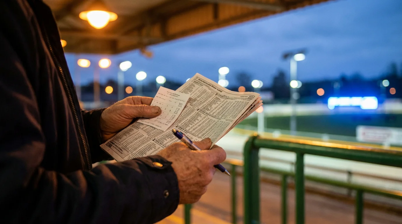 Greyhound bet types explained — betting slip and race card at a UK dog track