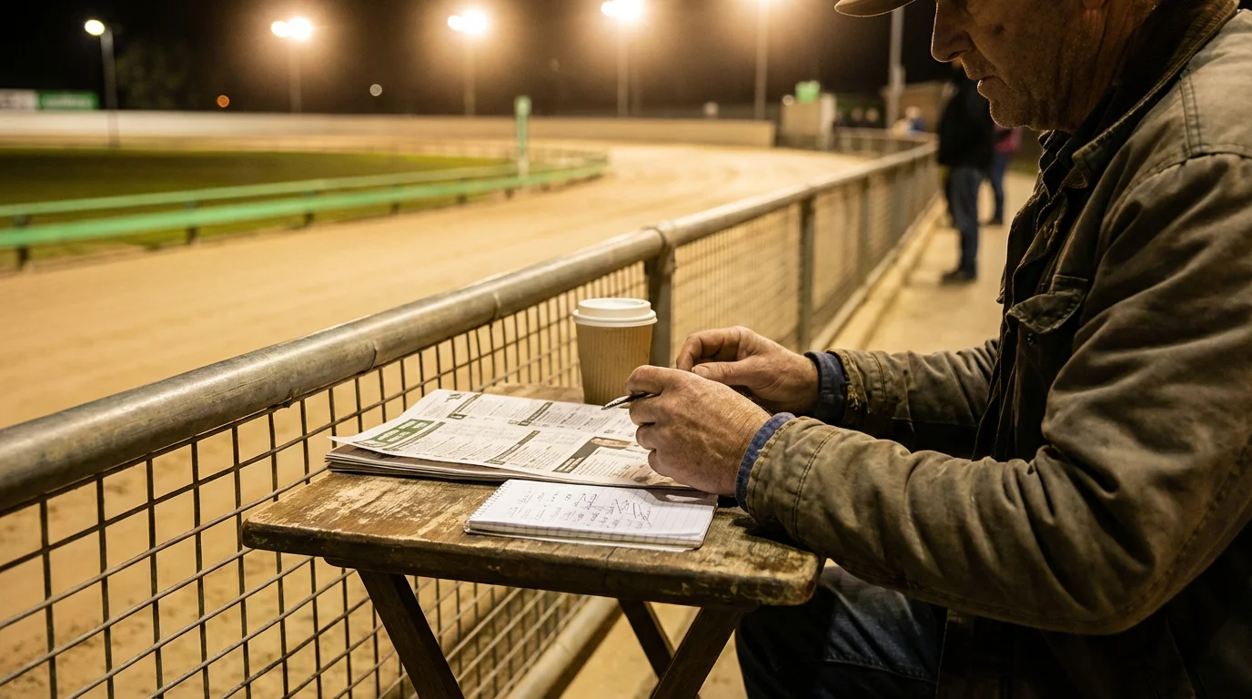 Greyhound betting strategy — punter studying a form guide with a pen at a trackside table