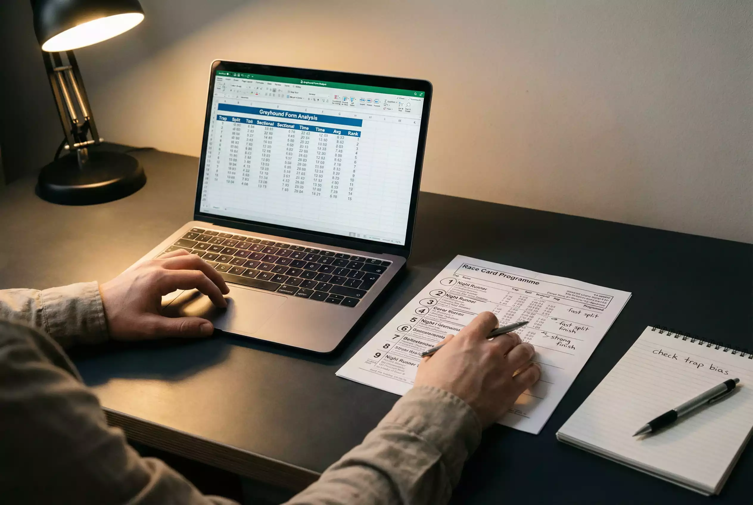 A person studying greyhound racing form data on a laptop screen beside a printed race card at a desk