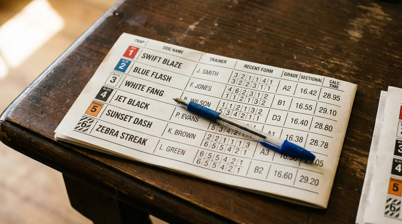 Close-up of a printed greyhound race card showing form figures, trap numbers, grades and sectional times