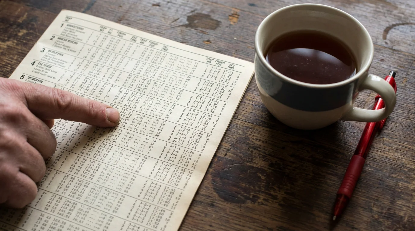 Greyhound form guide — close-up of a printed race card with form figures and sectional times