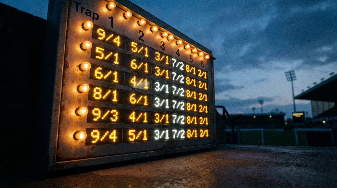 Greyhound racing odds — illuminated bookmaker odds board at a UK greyhound stadium