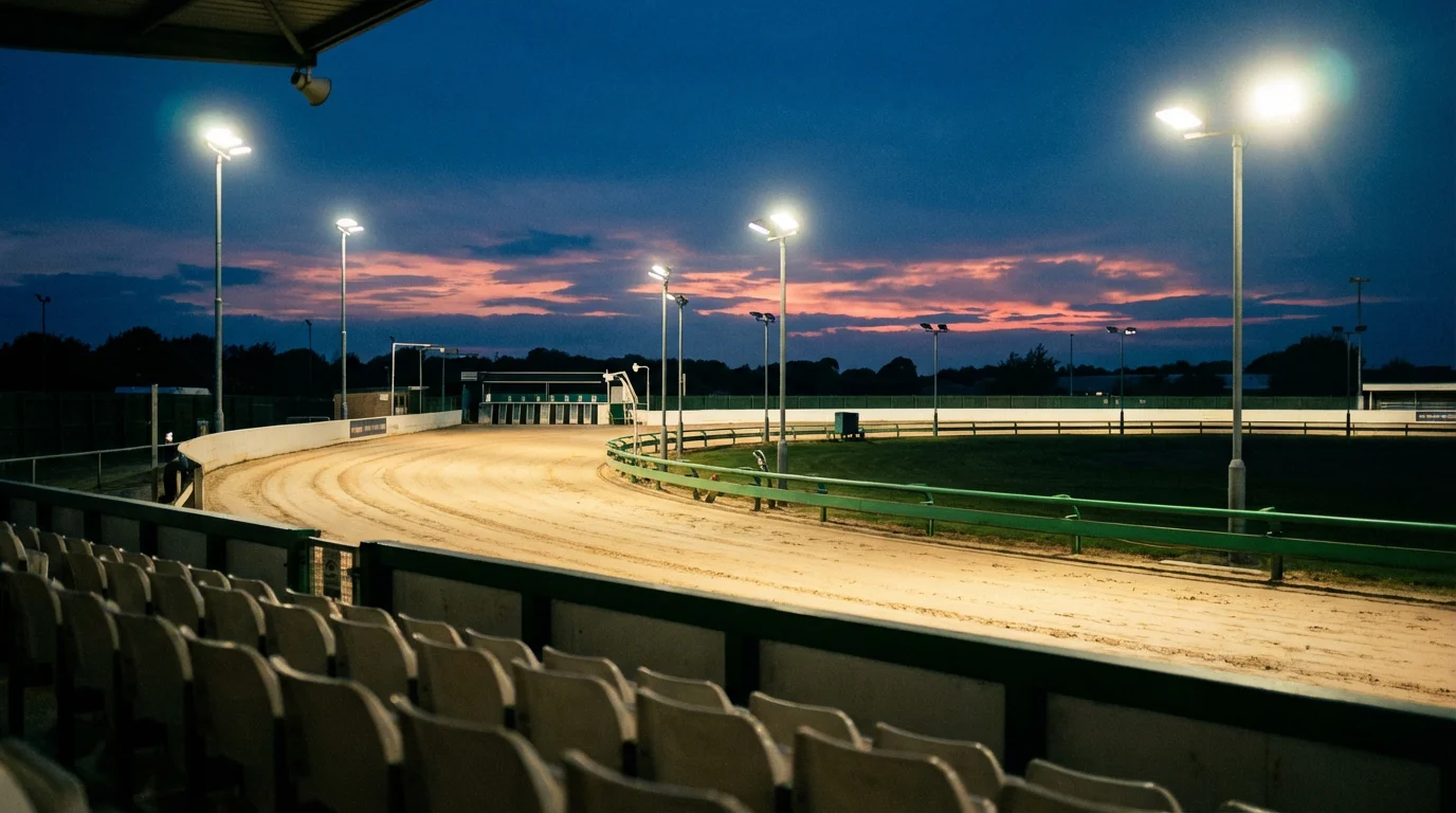 UK greyhound racing track — floodlit oval stadium with sand surface at dusk